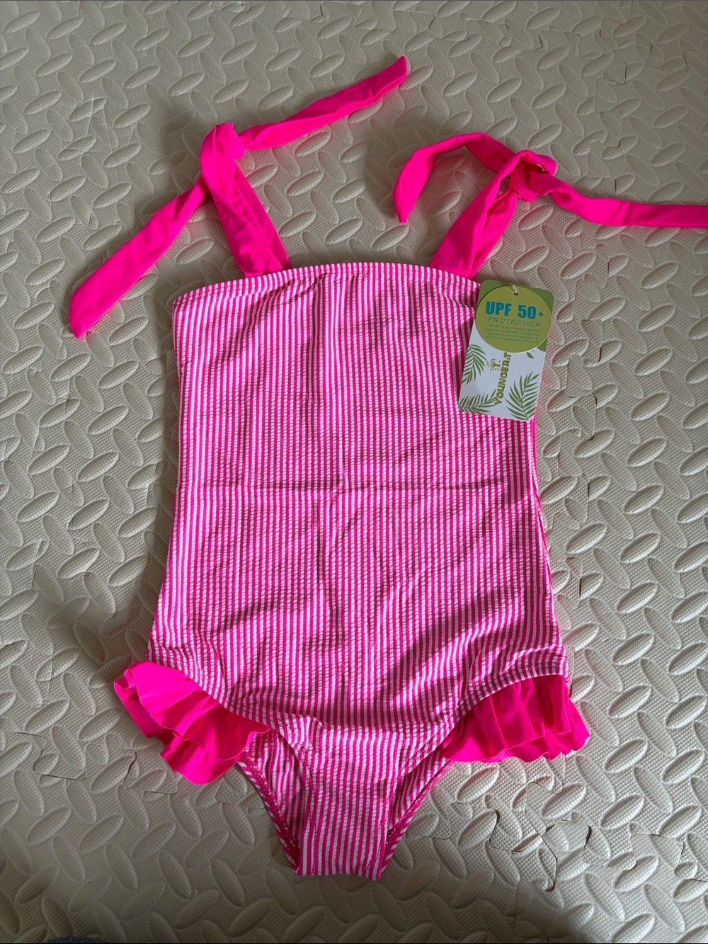 Younger Tree Girls Hot Pink Striped One-Piece Swimsuit with Ruffle Trim 5-6T